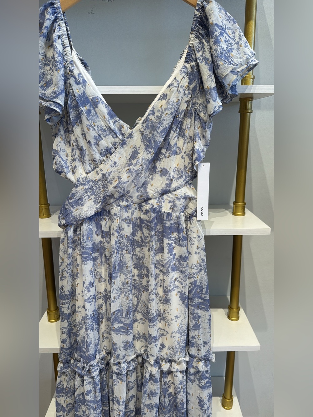 NWT Porcelain Blue and White Floral Ruffle Maxi Dress with Gold Foil Accents - Picture 4 of 7